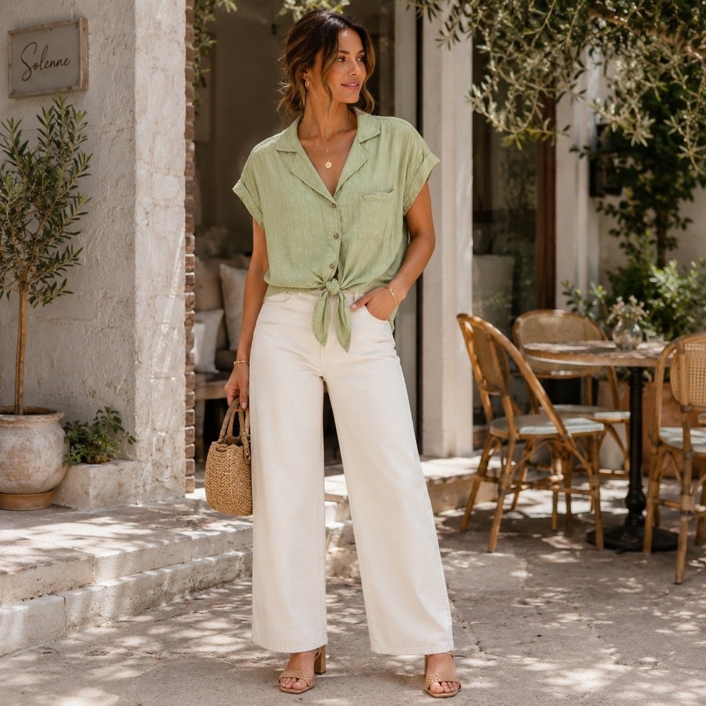 Pilcro Anthropologie Top Women Extra Small Green Tie Front Textured Boho Shirt